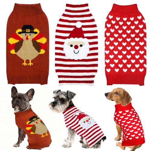 3 Pack Dog Christmas Sweater, Christmas Dog Outfit Sweater Santa Reindeer Snowman Knit Holiday Sweaters for Small Medium Large Dogs Pets (Medium)