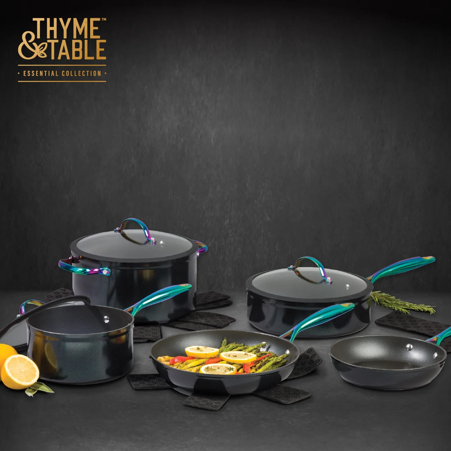 Thyme & Table Non-Stick 12-Piece Signature Cookware Set, Black & Rainbow
