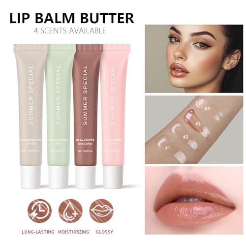 4 PCS Summer Special Lip Butter Balm – Ultra-Hydrating Lip Care with Shea Butter & Olive Oil, Soothes Dry Lips with Natural Tint & Gloss Effect, Lip Plumper Moisture & Light Lip Stain Finish