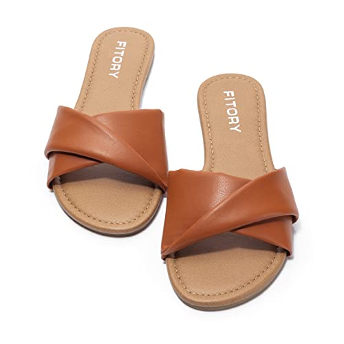 FITORY Women's Flat Sandals Fashion Slides With Soft Leather Slippers for Summer Size 6-11