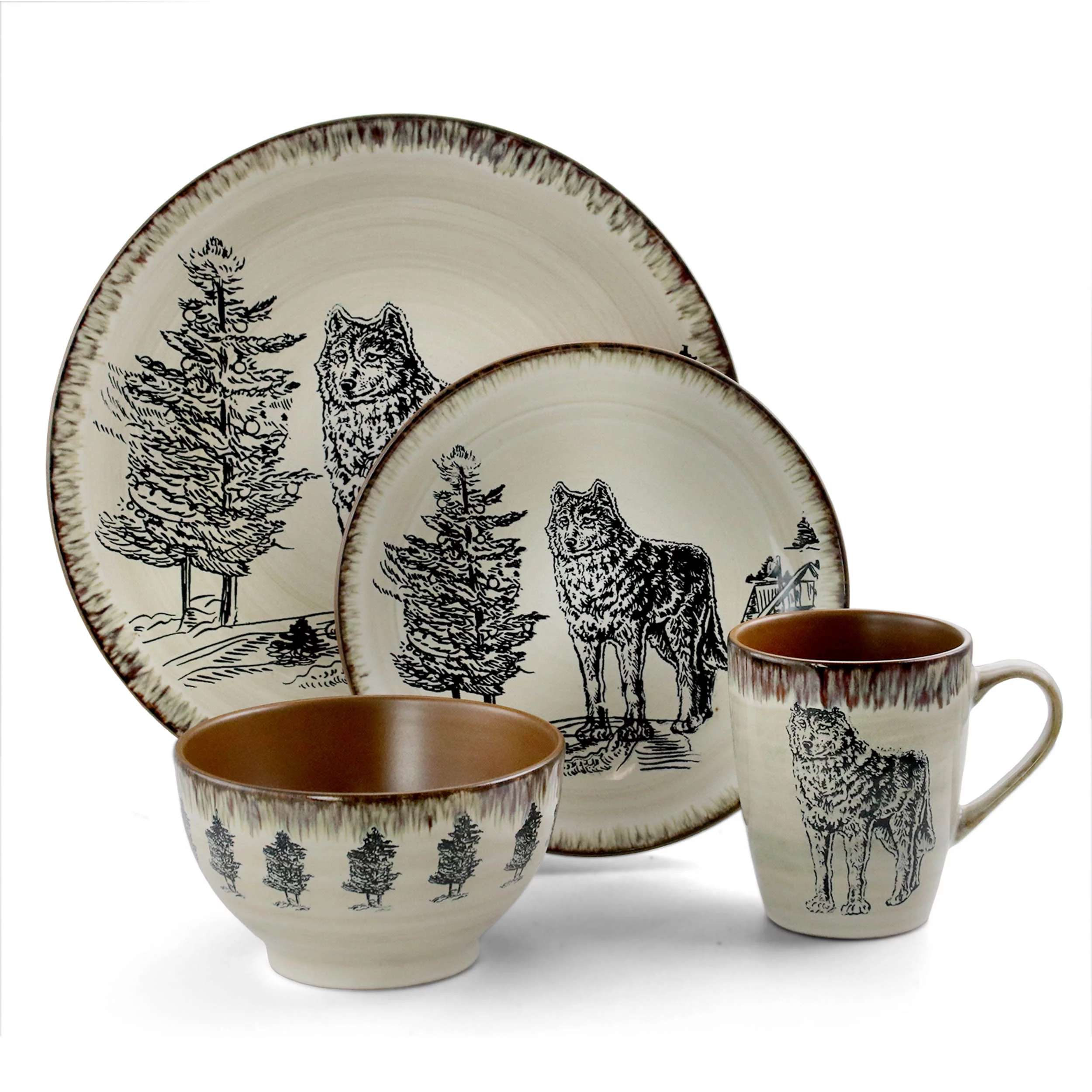 Elama Majestic Wolf 16 Piece Luxurious Stoneware Dinnerware with Complete Setting for 4