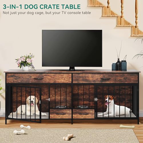 DWVO Double Dog Crate TV Stand with Dog Feeder, 74.8