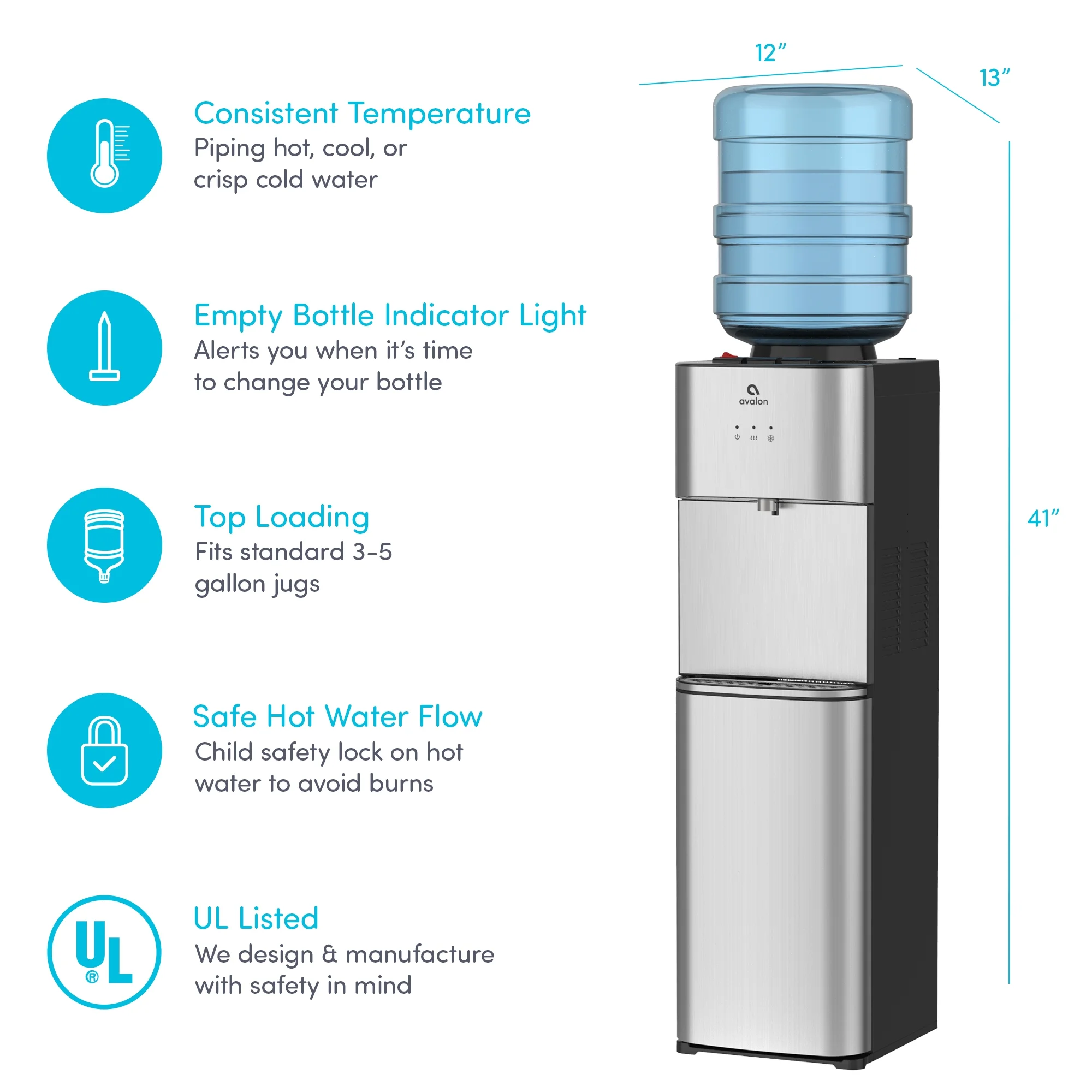 Avalon Top Load Water Cooler 3 Temperature, Child Lock, Stainless Steel