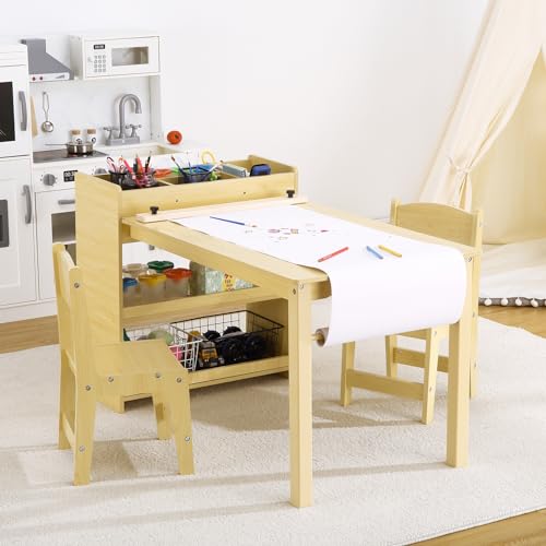 Kids Art Table with 2 Chairs, Toddler Craft Play Wood Activity Desk with Large Storage Shelves for Writing Drawing,Nursery, Children's Wooden Furniture for Classroom Daycares,Home