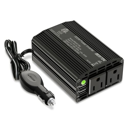 BESTEK 300W Power Inverter DC 12V to 110V AC, Durable Aluminum Housing Car Charger Adapter with 4.8A Dual USB Fast Charging Port, Car Plug in Cigarette Lighter Outlet for Phone, Laptop