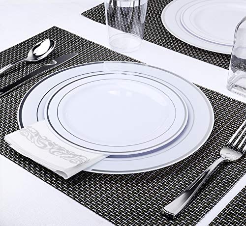 M MCIRCO 175 Piece Gold Dinnerware Set - 50 Gold Rim Plastic Plates - 25 Gold Plastic Silverware - 25 Gold Plastic Cups - 25 Gold Paper Napkins, 25 Guest Disposable Gold Dinnerware Set