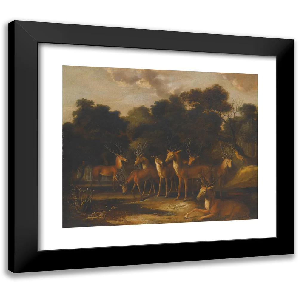 French School 14x12 Black Modern Framed Museum Art Print Titled - Deer Standing in a Clearing at a Waterhole (Early 18th Century)