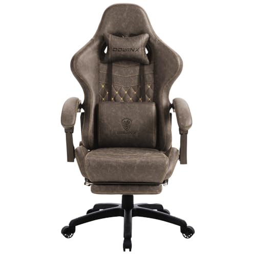 Dowinx Gaming Chair Big and Tall, Ergonomic Game Chair for Adults with Footrest and Massage Lumbar Support, High Back Computer Gamer Chair PU Leather, 350Lbs, for Office, Home, Brown