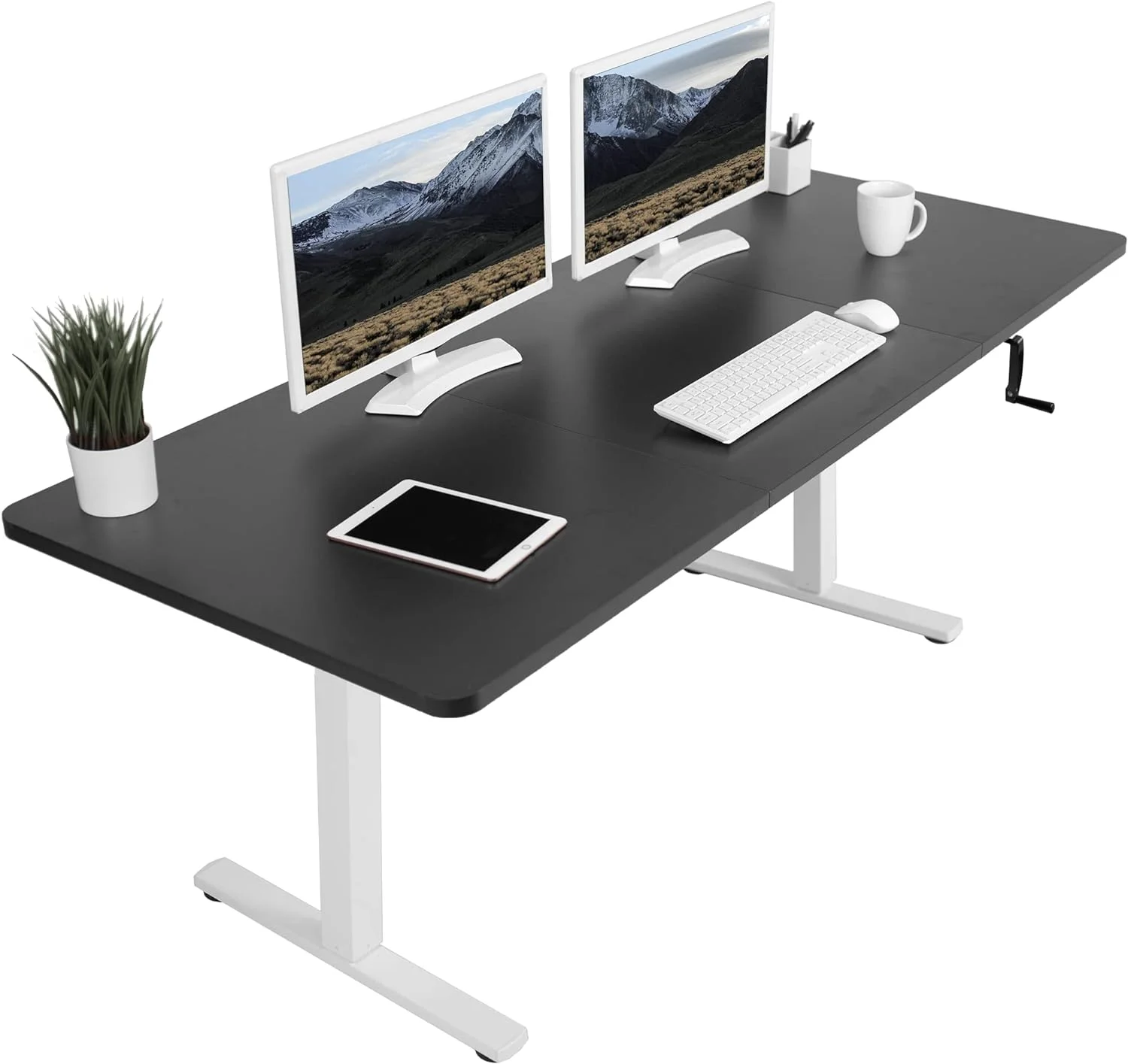 Manual Height Adjustable 71 X 30 Inch Stand Up Desk, Black Table Top, White Frame, Standing Workstation With Foldable Handle, DESK-KIT-MW7B