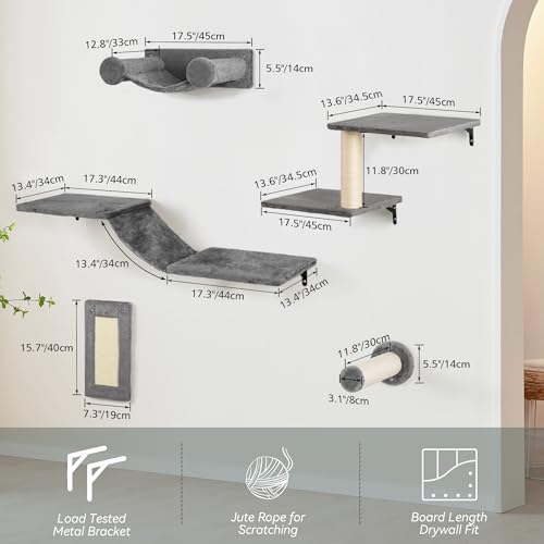 NUNU LAB 5-in-1 Wall-Mounted Cat Climber Set, Cats Wall Shelve, Wall-Mounted Cat Climbing Shelves, with House, Bridge, Steps, Scratcher, Hammock, Shelves (A-KM060)