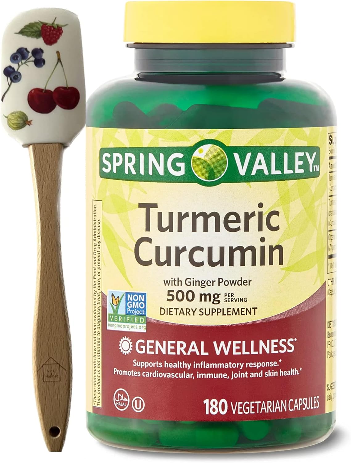 Spring Valley Turmeric Curcumin with Ginger Powder Dietary Supplement, 500 mg, 180 Count + 1 Nick & Hannah Spatula (Style Varies)