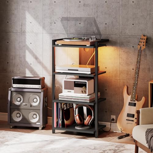 HOOBRO 4-Tier AV Media Console With Charging Station and LED Light, Wooden Stereo Cabinet, Corner TV Stand, Record Player, Entertainment Device, Black BB38UDCJ01