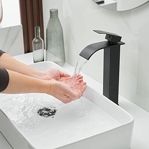 BWE Vessel Sink Faucet Modern Waterfall Chrome Single Hole Bathroom Faucet Single Handle with Pop up Drain Without Overflow Assembly Vanity Basin Bath Sink Faucets Mixer Tap