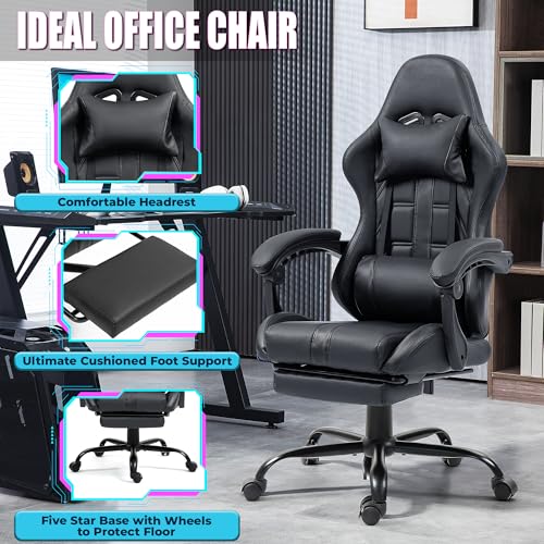 Massage Gaming Chair w/Footrest, Ergonomic High Back PC Chair w/Headrest and Lumbar, PU Swivel Home Desk Office Chair, Black