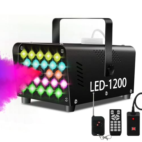 Fog Machine 24 Colorful LED Lights Effect 1200W Smoke Machine and 2500CFM Fog with 1 Wired Receiver and 2 Wireless Remote Controls Perfect Present for Christmas Party Wedding DJ Performance and Stage