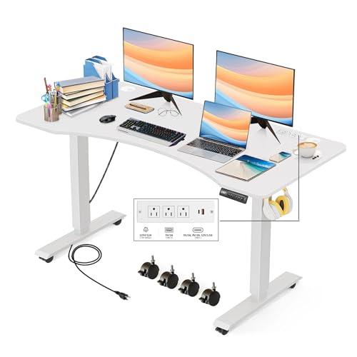 Electric Standing Adjustable Height Desk 55'' x 24''Sit Stand Desk with Charging Station, 2 USB Ports, 3 Power Outlets, 4 Caster, 27''-46'' Lifting Range Stand up Desk(Oak)