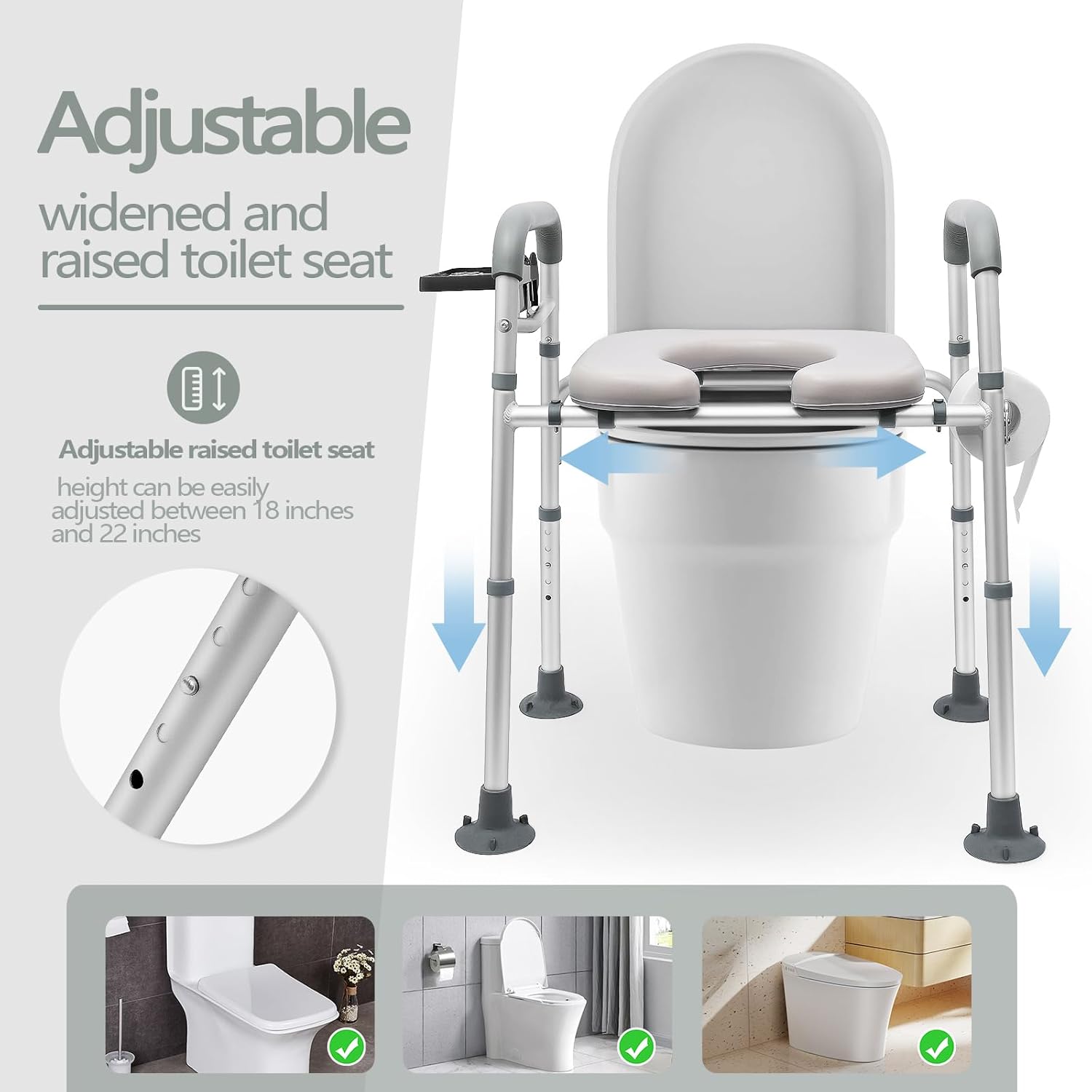 Raised Toilet Seat with Handles - Height Adjustable, Heavy Duty - Cozy Padded Medical Seat Riser - 350lbs Capacity - Ideal for Seniors, Handicap, Disabled