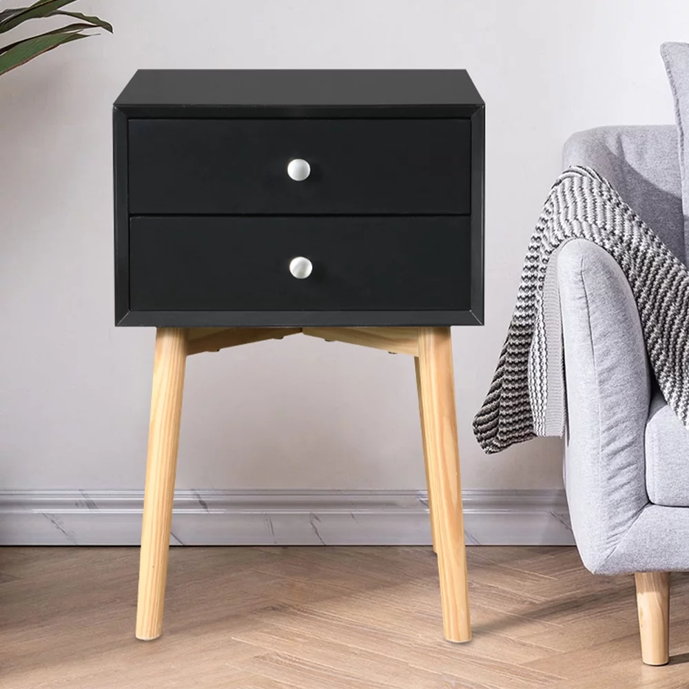 KAMIDA Small Side Table with Drawers, Modern Wooden End Table, Telephone Table, Small Storage Table with 2 Drawers and 4 Legs, Storage Table Furniture for Home Office Living Room Bedroom, Black