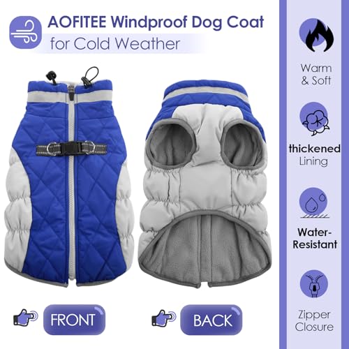 AOFITEE Dog Coat, Warm Dog Winter Coat, Reflective Cold Weather Dogs Puffer Jacket with Harness Built in, Waterproof Pet Fleece Vest Snowsuit for Small Medium Large Dogs, Christmas Red L