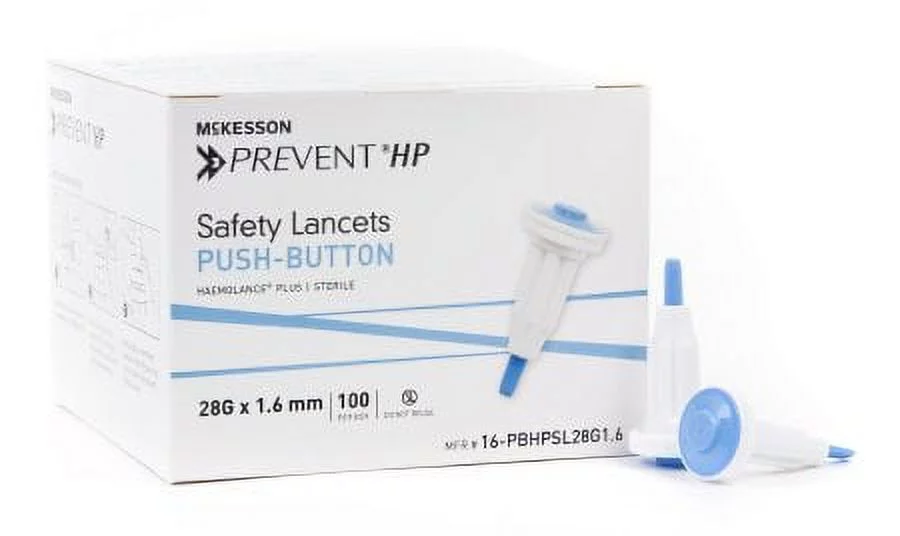McKesson Prevent Safety Lancet  Fixed Depth 1.6 mm Depth 28 Gauge Push Button Case of 2000