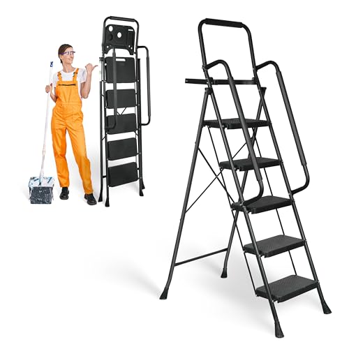 3 Step Ladder, Protable Steel Folding Stool with Wide Anti-Slip Pedal, 500lbs Sturdy Steel Ladder, Black
