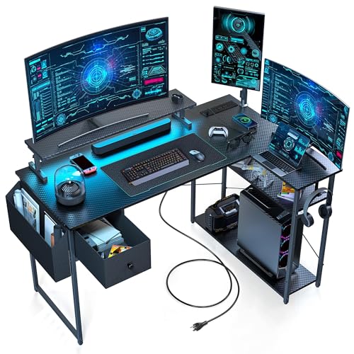 L Shaped Gaming Desk, 47 Inch Computer Desk with Adjustable Stand & RGB Lights, Corner Desk for Power Outlet, Carbon Fiber Texture