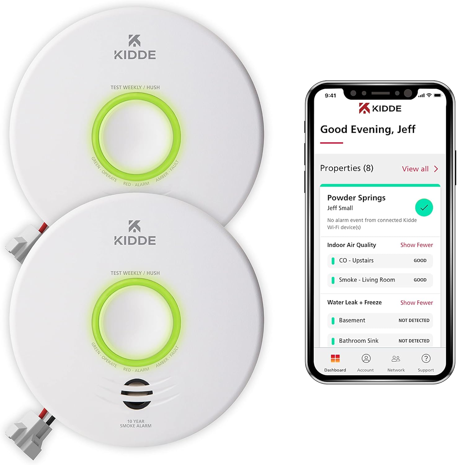 Kidde Smart Smoke Detector, WiFi, Alexa Compatible Device, Hardwired w/Battery Backup, Voice & App Alerts, 2 Pack