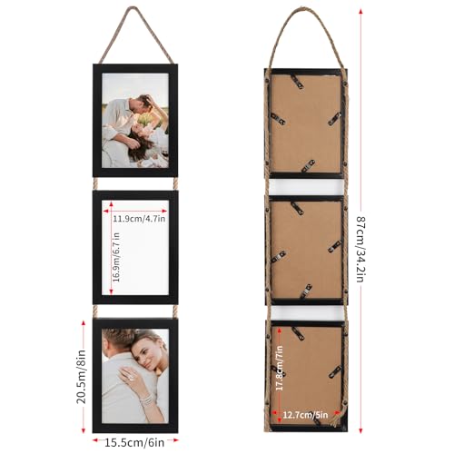 5x7 Collage Picture Frames Black, 3 Openings Vertical Hanging Photo Frame Set Display 5 by 7 inch Pictures for Wall Decor, 2 Pack