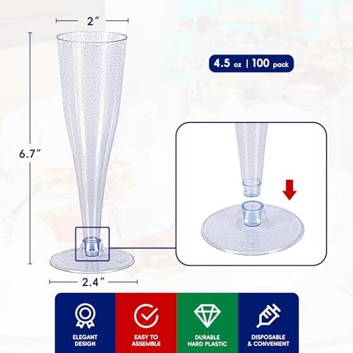 JOLLY CHEF 100 Pack Plastic Champagne Flutes Disposable 4.5 oz Clear Plastic Champagne Glasses Suitable for Wedding, Thanksgiving Day, Christmas
