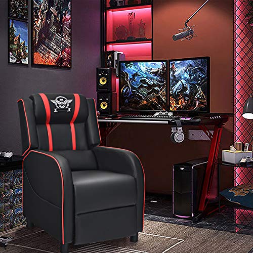 Giantex Gaming Recliner Chair, Adjustable Massage Gaming Chairs for Adults, Ergonomic Comfortable Lounge Leather Sofa w/Footrest, Remote Control & Side Pocket, Racing Style Single Sofa Recliners, Red