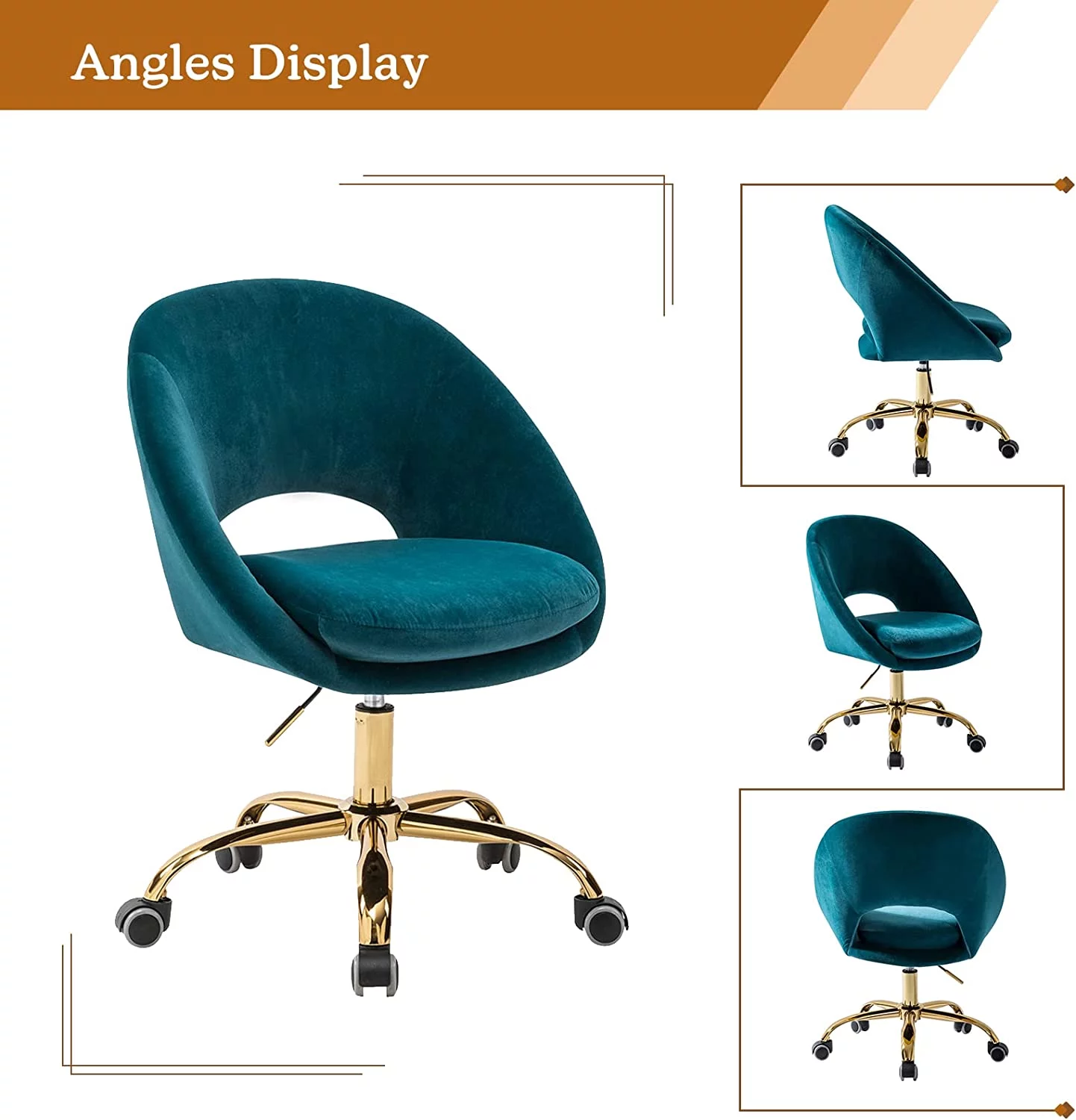 Modern Velvet Office Desk Chair Adjustable Swivel Upholstered Open Back Living Room Vanity Teal
