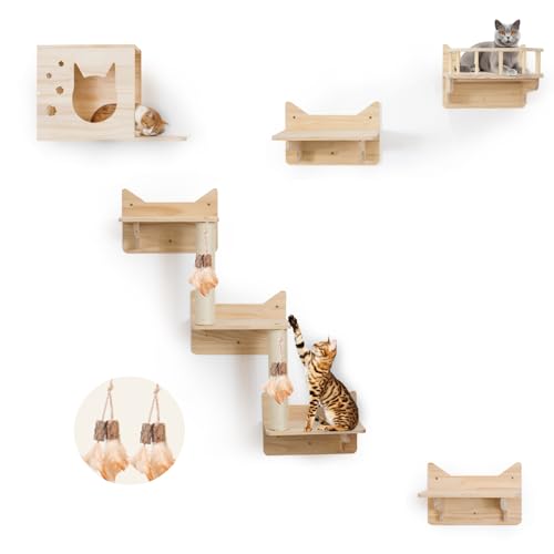 9-Piece Wall-Mounted Cat Shelves Set, House, Lookout Tower, 2 Sisal Scratching Posts, 5-Step Cat Wall Ladder, Pine Furniture, Extra-Wide & Long for Large Cats, Space-Saving Indoor Shelves