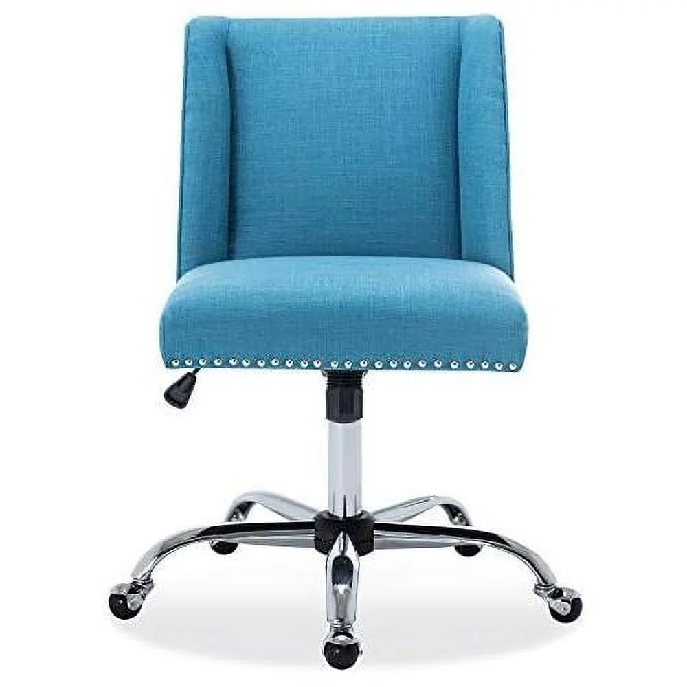 Modern Upholstered Linen Office Chair With Nailhead Trim, Armless Adjustable Height Swivel With Wheels, Stylish Farmhouse Computer Desk Seating - Blue