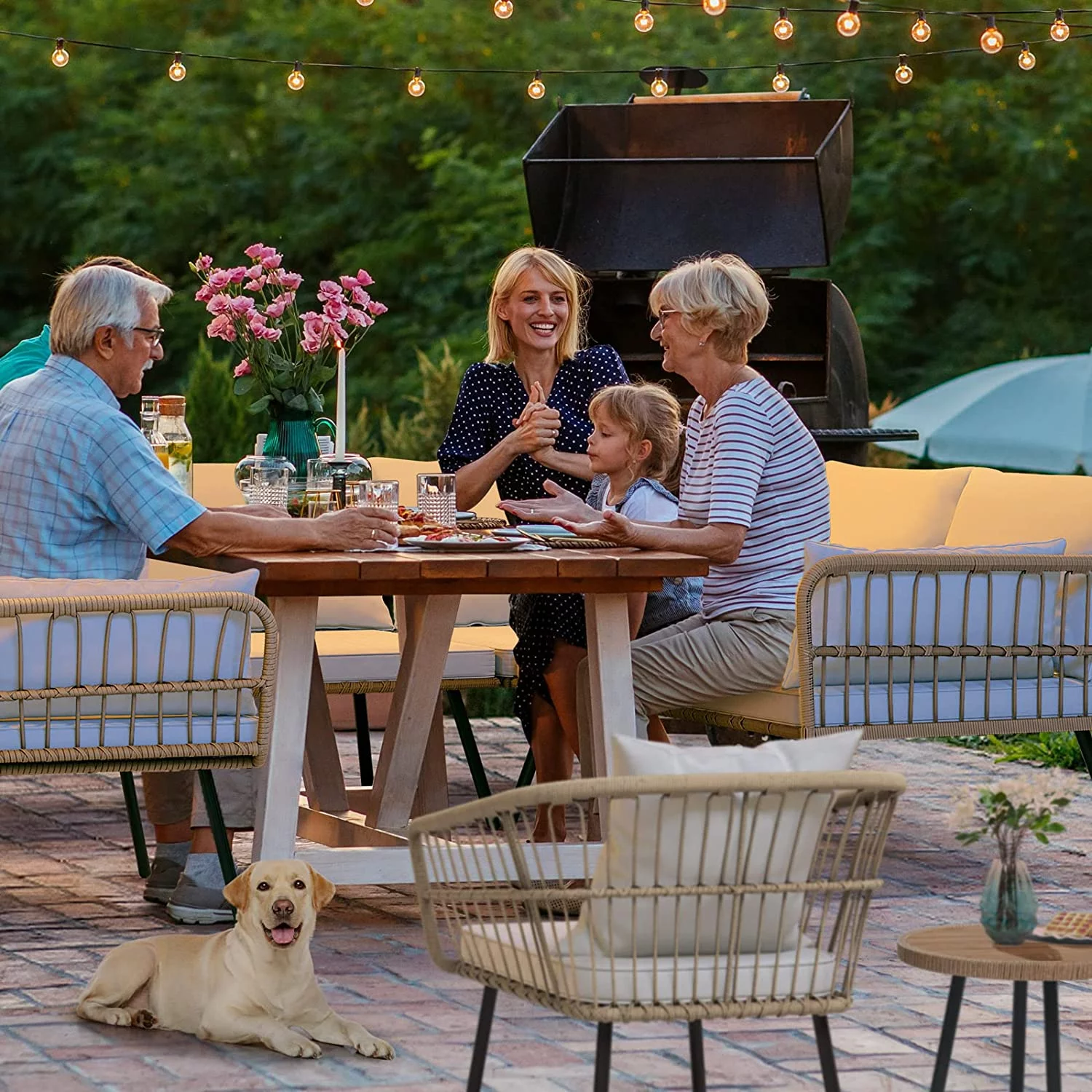 DEXTRUS Outdoor Patio Furniture Set 4 Pieces PE Rattan Wicker Sofa Set w/ Dining Table for Backyard, Pool, Deck, Garden - Beige