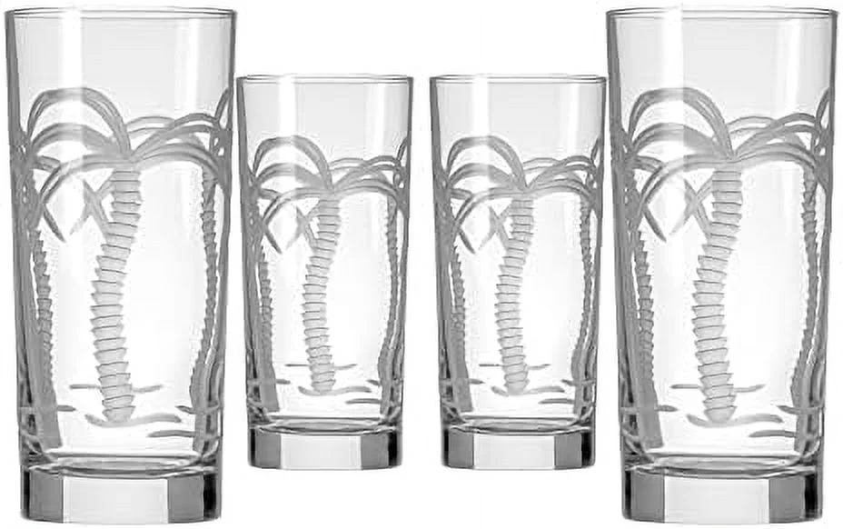Palm Tree Highball Glass 15 Ounce | Set Of 4 Cooler Glasses | Lead-Free Crystal Glass | Etched Drinking Glass With Heavy Base | Made In The