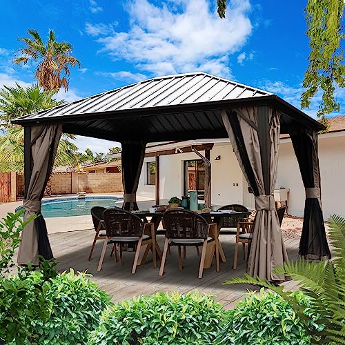 Kozyard 10'x12' Hardtop Gazebo Permanent Metal Pavilion with with 2-Layer Sidewalls Curtains for Patio, Backyard, and Deck Galvanized Steel Outdoor Aluminum Canopy, Double Roof Gazebo (Brown)