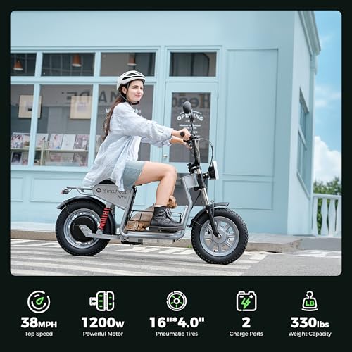 isinwheel Electric Scooter Adults, 21/38 MPH Top Speed & 28/43 Miles Range, 14/16'' Fat Tire Scooter for Adult with Turn Signals & Mood Lights, APP, 1200W Powerful Motor Electric Scooter with Seat
