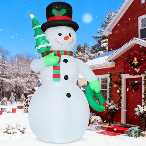 GOOSH 12 FT Christmas Inflatable Snowman Outdoor Decoration Blow Up Yard Giant Cute Snowman with Christmas Tree & Wreath Built-in LEDs for Indoor Party Xmas Garden Lawn Decor
