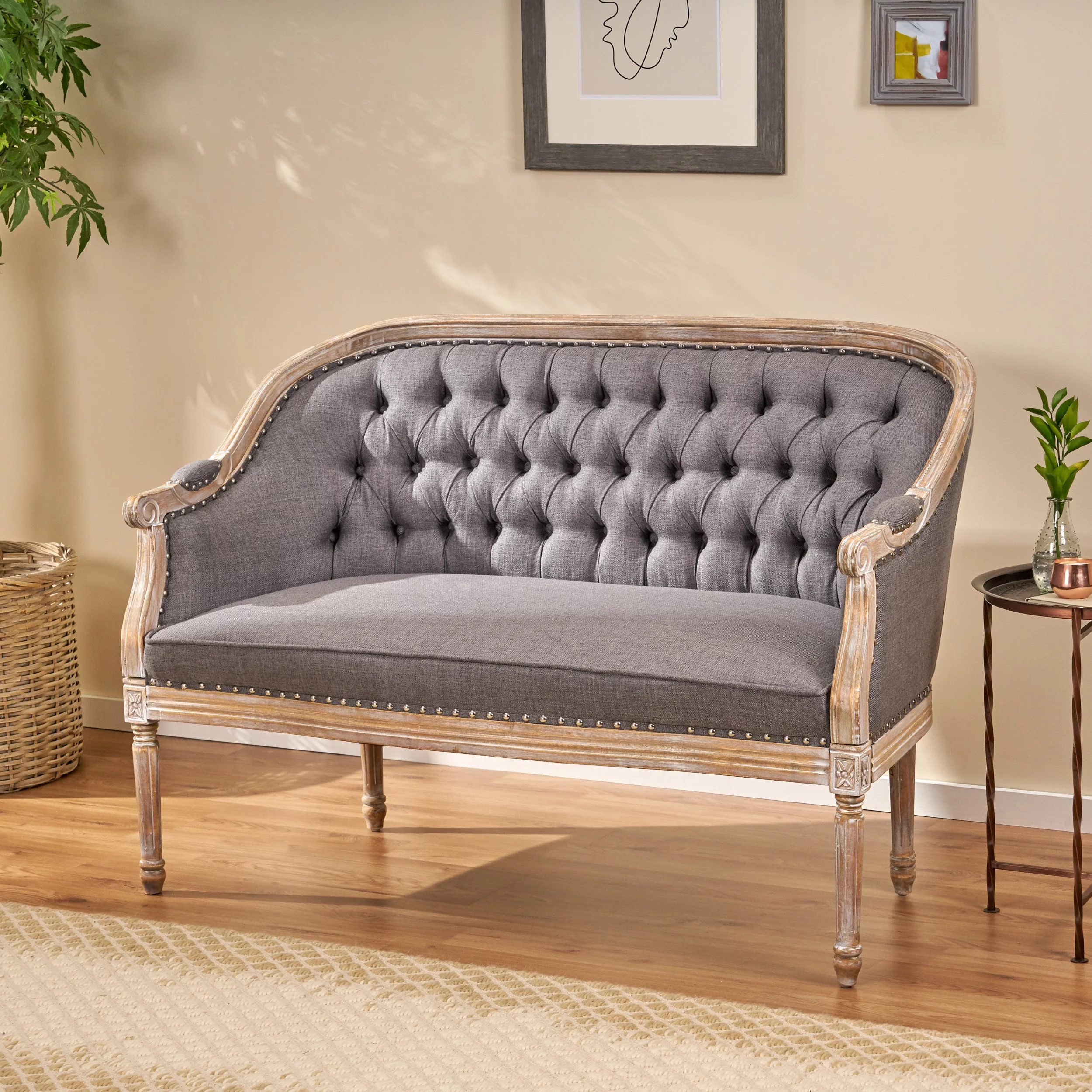 Noble House Sarahbella Fabric Loveseat with Nailhead, Dark Gray