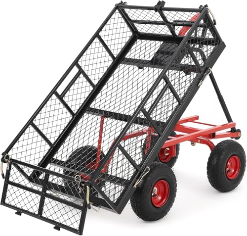880 lb 10-inch tire steel garden cart with 4-side removable mesh and 180° swivel handle, heavy-duty utility garden carts and wagons, heavy-duty patio dump cart utility wagon, metal push trolley, for l