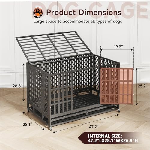 48 Inch Heavy Duty Dog Crate – Indestructible Steel Cage for Large Dogs, Double Door High Anxiety Cage with Removable Tray & Locking Wheels, Escape Proof XL XXL Indoor Crate