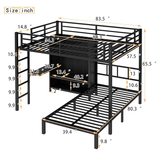 SOFTSEA Metal Bunk Bed with Wardrobe Full XL Over Twin L-Shaped Bunk Beds with Desk and Shelves for Kids Teens