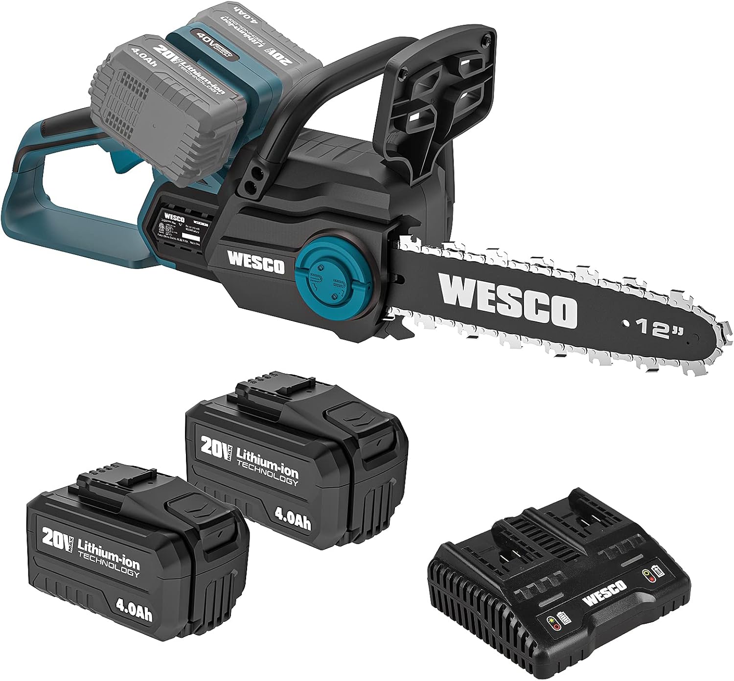 Cordless Chainsaw, WESCO 20V Chainsaw, 10-Inch Bar, 4.0 AH Battery and Charger Included, Tool-Free Chain Tensioning, Auto Chain Lubrication, Battery Power Chain Saws/WS8330U