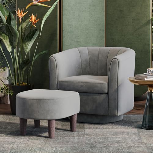 LINSY Swivel Accent Chair, Velvet Small Barrel Chair with Ottoman, 360 Degree Swivel Armchair for Living Room Bedroom Nursery Office (Gray)