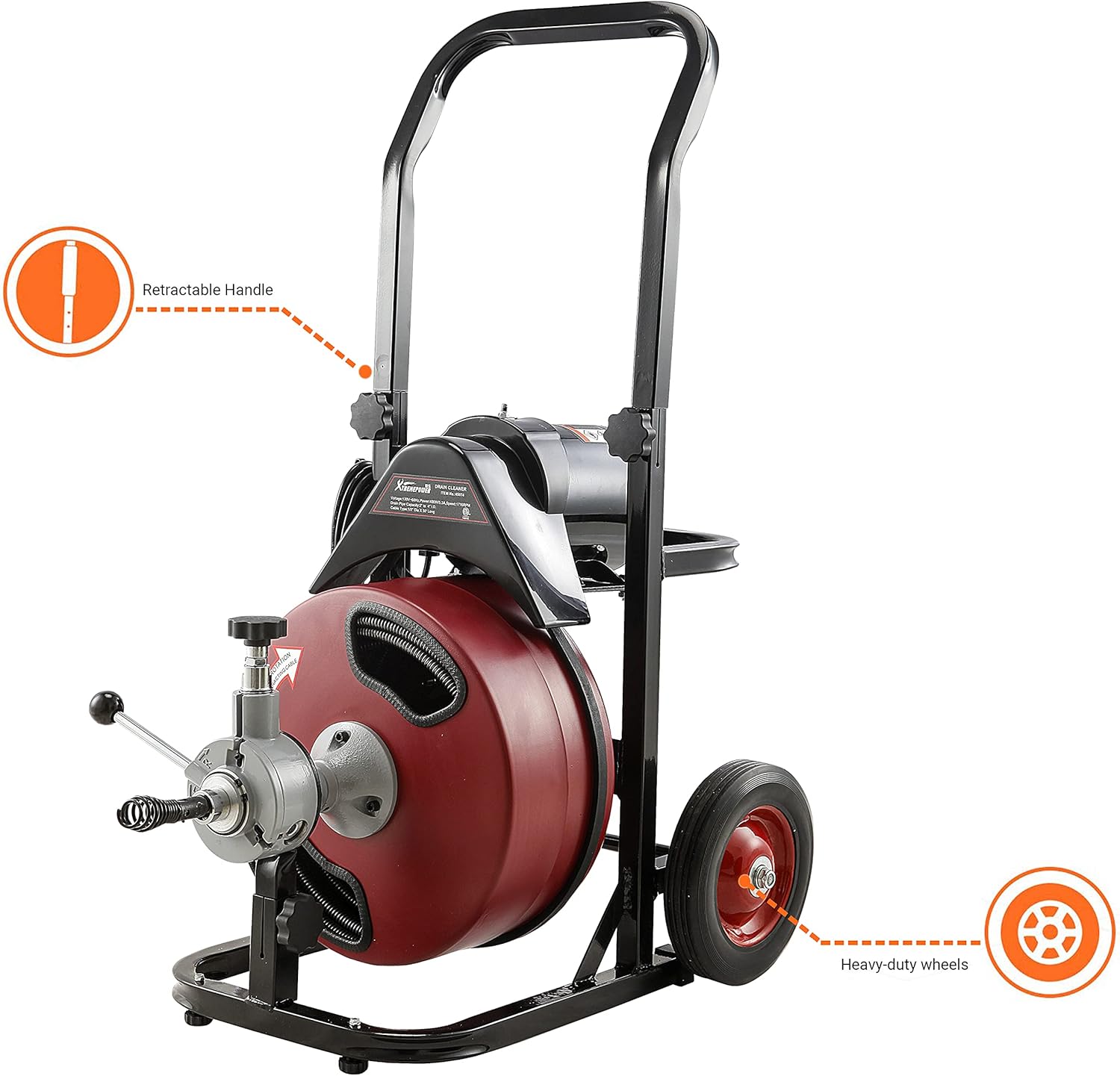 XtremepowerUS Commercial Sewer Snake Drill Drain Auger Cleaner Cable 50-Feet Long 1/2 (4)-Cutter Set & Foot Switch with Wheel