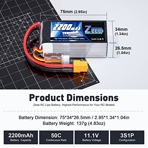 Zeee 3S Lipo Battery 2200mAh 11.1V 50C Shorty Pack Battery with XT60 Plug for RC Car Truck RC Vehicles Boat Drone RC Airplane Quadcopter Helicopter FPV Racing Hobby Models(2 Pack)