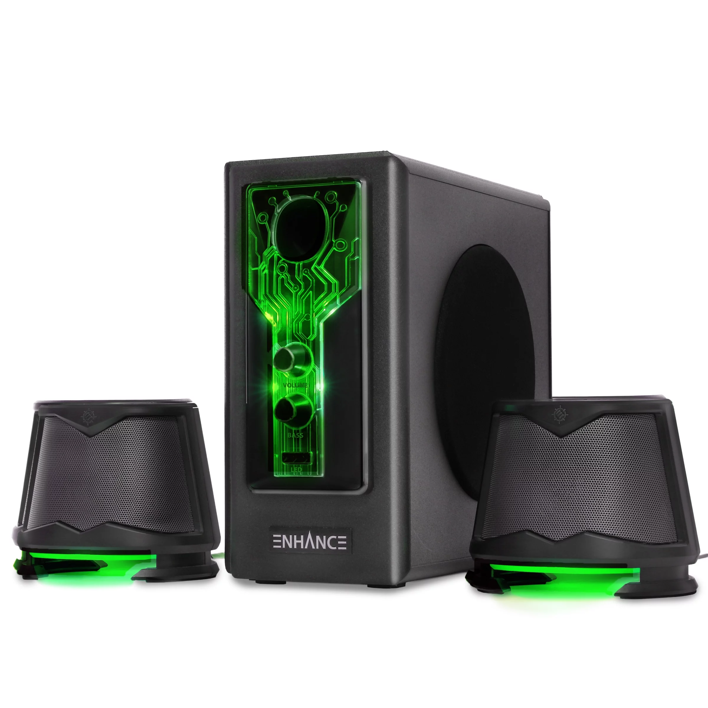 ENHANCE SB 2.1 Computer Speakers for Desktop with Subwoofer, Green LED Lights, Volume & Bass Control