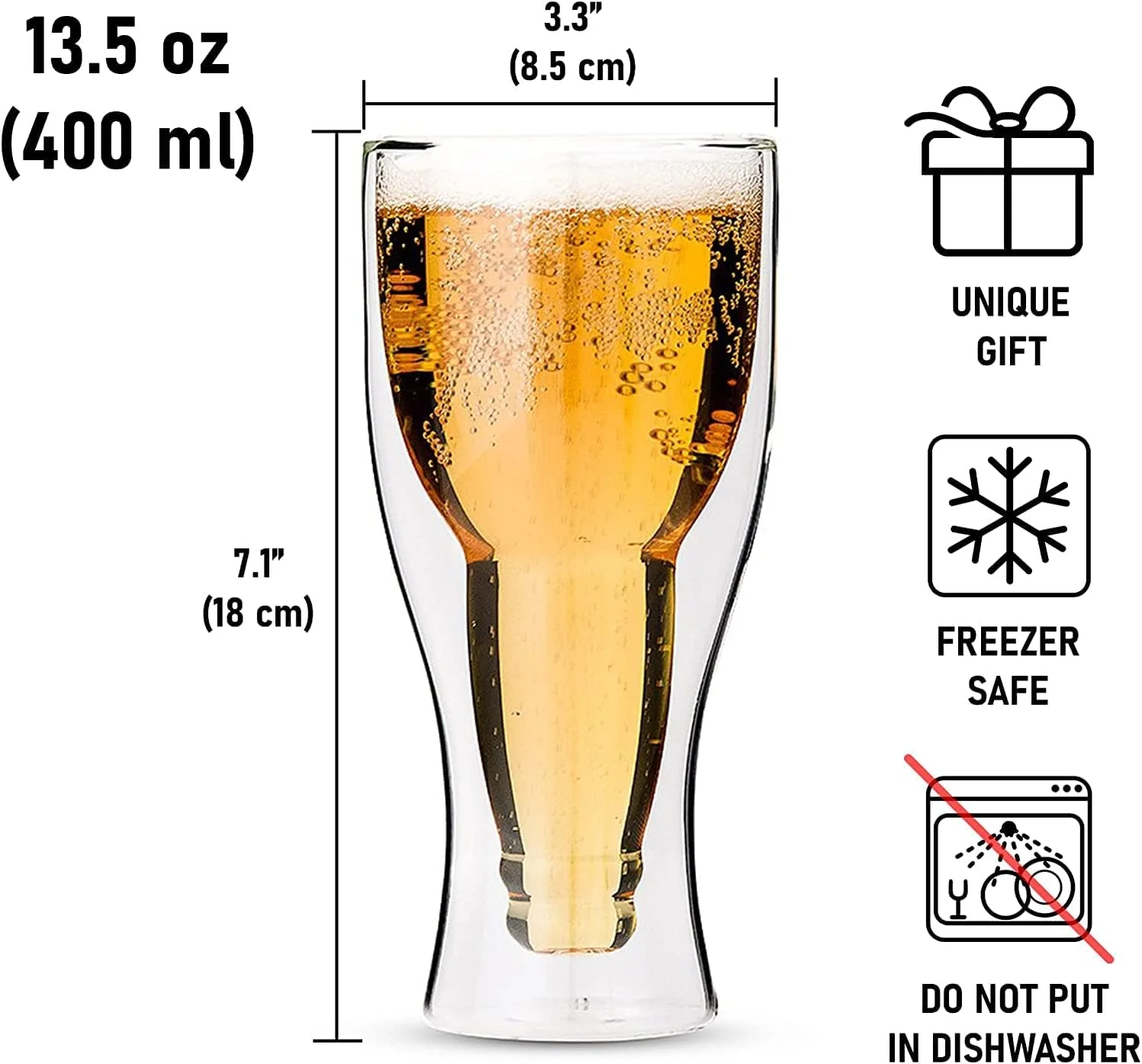 Double-walled Beer Bottle Shaped Glass - Gift Idea for any Beer Lovers Set of 2
