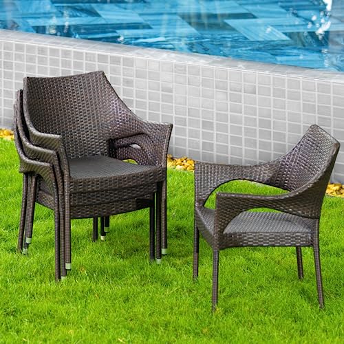 IDZO Etonnant Outdoor Dining Chairs Set of 4, 2000 Hours UV Wicker, Supports 400lbs, Stackable with Curved Armrest and Powder-Coated Steel Frame, Ideal for Patio, Garden, Balcony, and Outdoor Use