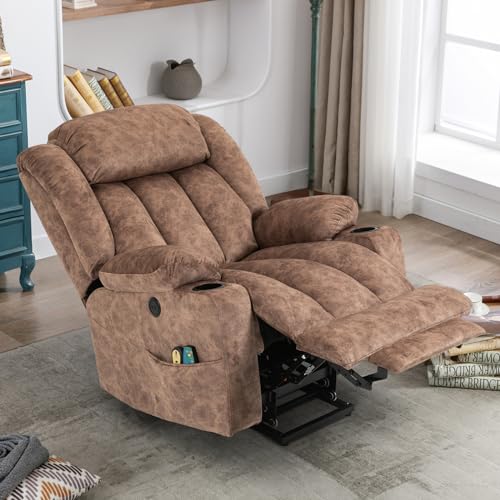 Large Electric Power Lift Recliner Chair with Extended Footrest for Elderly Big Man, Overstuffed Wide Massage Lounge Chairs with Heat, 2 Cup Holders, Side Pockets & USB Ports, Fabric Gray